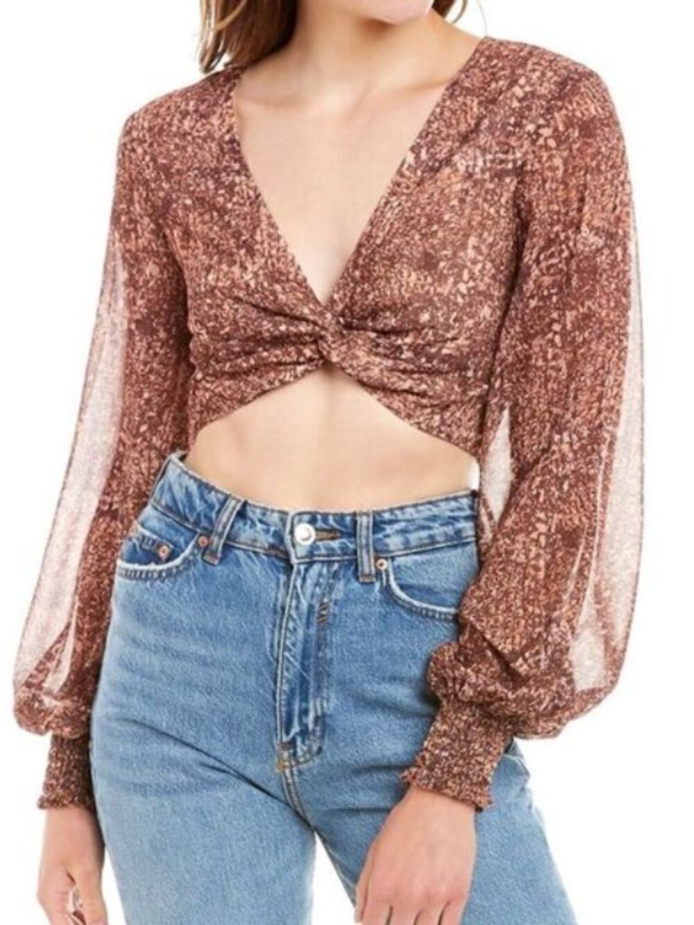 NWT Finders Keepers Malena Nude Croc Twist-Front Balloon Sleeve Crop Top XXS